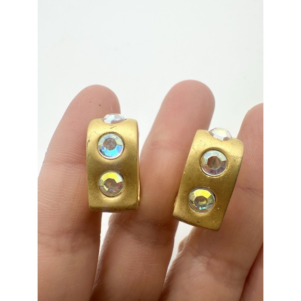 Vintage AB Rhinestone V Shape Hoop Earrings Gold Tone
